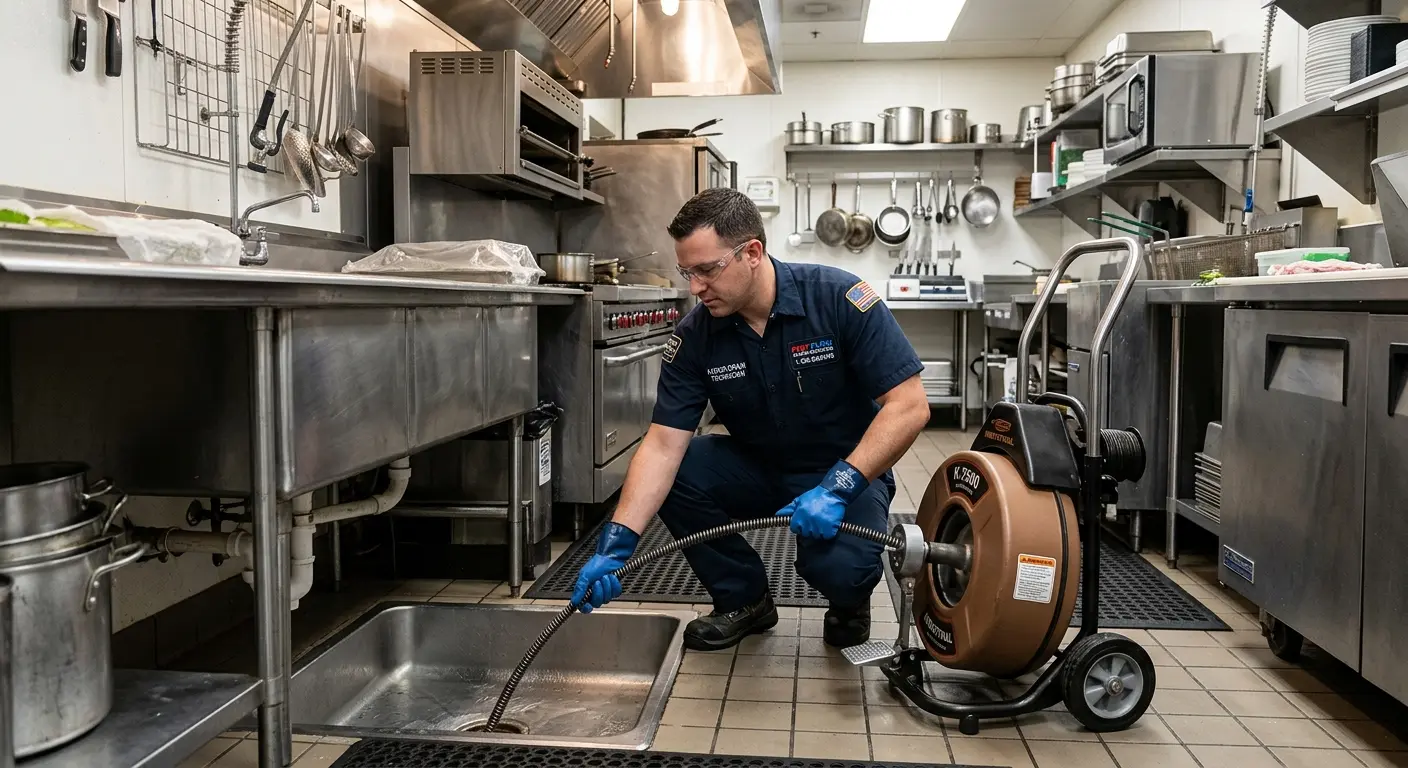 Commercial drain cleaning service in a restaurant kitchen in Redmond