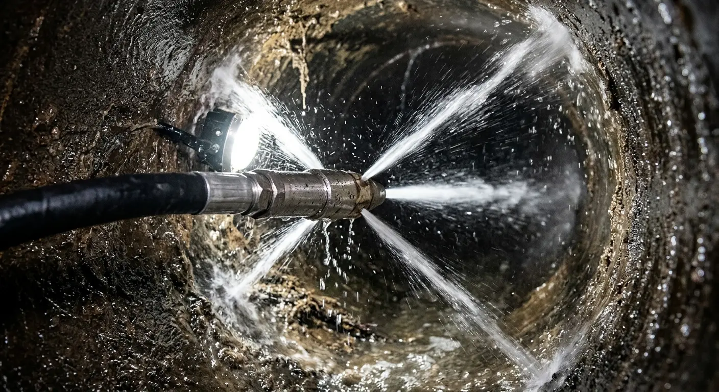 High-pressure hydro jetting nozzle cleaning sewer pipe for Sewer Cleanout in Redmond