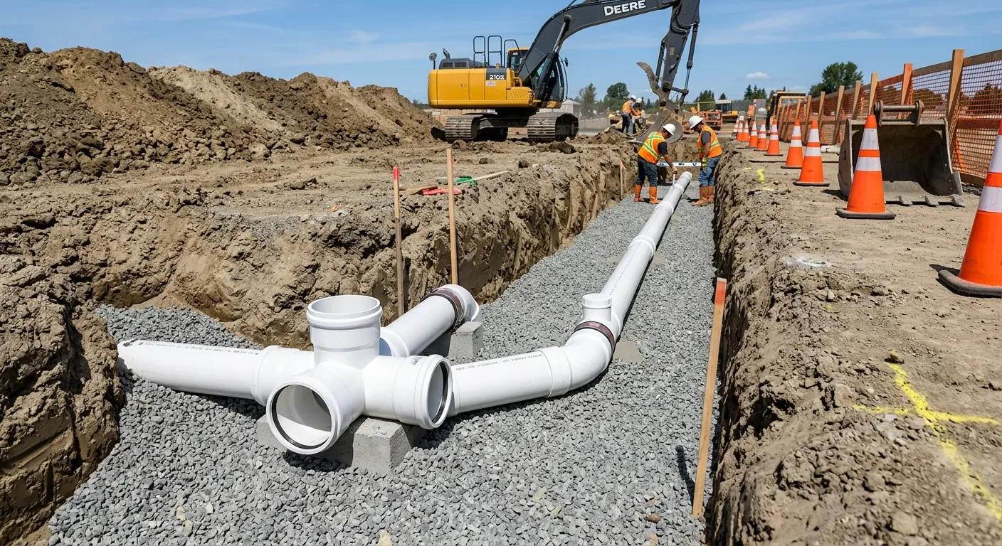 New PVC sewer pipe installation in open trench for Sewer Backup in Redmond
